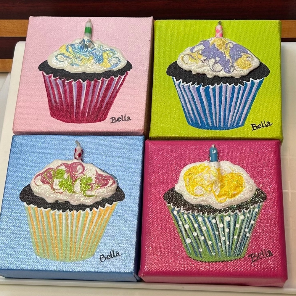 Cupcake Paintings Lot of 4 Original Art on Canvas by Mary Thibault.